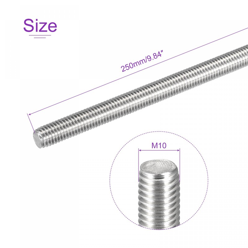 sourcing map M10 x 250mm Fully Threaded Rod 304 Stainless