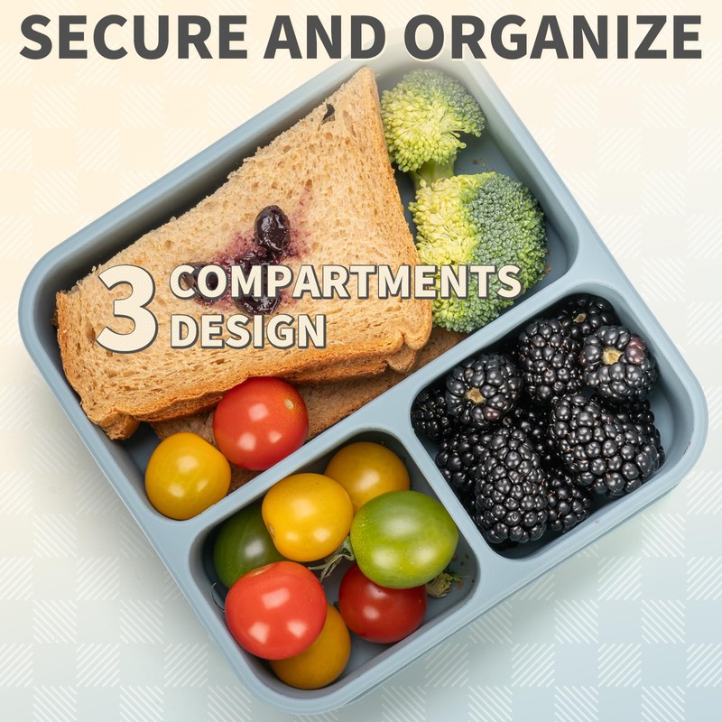 Silicone Bento Box 3 Compartment Lunch Containers,Reusable Lunch Box Containers