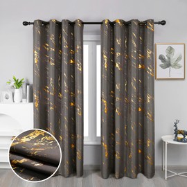 Taisier Home Gold Foil Print Linen Textured Curtains Geometric Marble Pattern Design Curtains for Living Room Light Filtering Window Treatment 2 Panels 84" L,Dark Grey and Gold Curtains Print