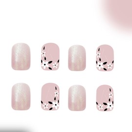 Glitter Short Press on Nails Square Nails Cute Fake Nails Acrylic Flower False Nails Glossy Full Cover Stick on Nails Spring Floral Artificial Nails Natural Fit Nail Art Kit 24Pcs/Box for Women Girls