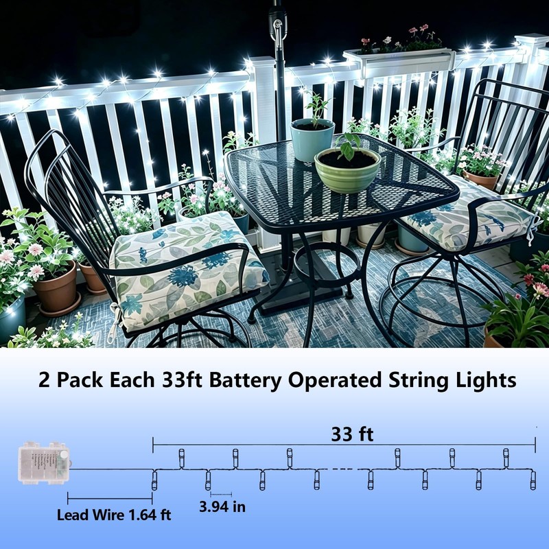 YEGUO Battery Operated String Lights, 2 Pack Each 33ft 100