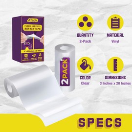 ATack Fabric and Vinyl Tear Repair Tape, Clear, 3-Inches by 20-Inches (2-Set), Waterproof Vinyl Repair Hole Patch Kit for Tent, Exercise Ball, Kayak, Inflatable Bed, Pool Float, and Airbed Mattress