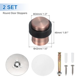 PATIKIL 2Set Round Door Stoppers, 46mm Stainless Steel Door Stop Doorstop Wedge Metal Cylinder Self Adhesive with Screw for Bottom of Door Floor Inside, Copper Tone