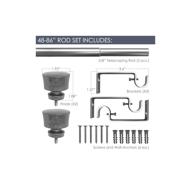 Stockton 48-86 Inch Adjustable Curtain Rod Set, 5/8 Inch Diameter