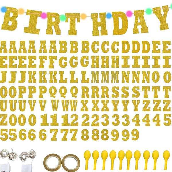 121Pcs DIY Glitter Customizable Banner Custom Letter Banner Customizable Make Your Own Banner Kit Diy Banner Kit With Letters Custom Name Banner Custom Happy Birthday Banner With 2 Color Light 2 Rope And 107 Letters And Numbers (gold)