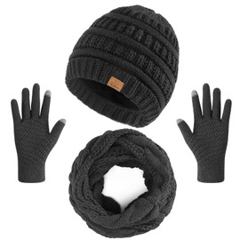 Winter Beanie Hat Scarf Gloves Set, Thick Warm Knit Winter Skull Cap Touch Screen Gloves Neck Scarf for Women Men
