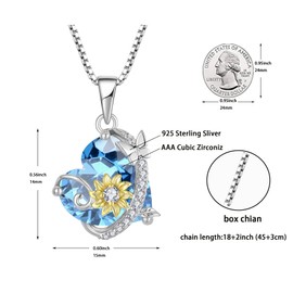 Oskani Butterfly Sunflower Heart Necklace for Women, 925 Sterling Silver Cubic Zirconia March Birthstone Aquamarine Color Pendant Jewelry, Birthday for Wife Her