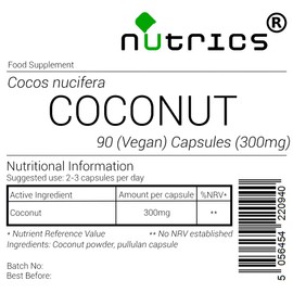 Nutrics® Coconut 300mg 100% Pure x 90 V Capsule (1 Month Supply) Cocos Nucifera - Suitable for Vegan Vegetarian Halal & Kosher