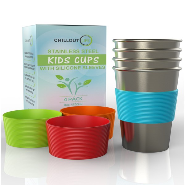 Stainless Steel Cups for Kids and Toddlers 8 oz. with Silicone Sleeves - Small Metal Cups for Home & Outdoor Activities, BPA Free Healthy Unbreakable Premium Metal Drinking Glasses (4-Pack)