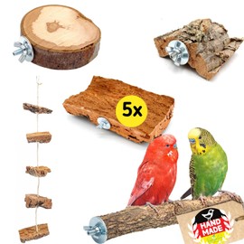Vogelgaleria® Set of 5 Cork Birds Cork Budgies Cork Seat Board Cork Nibble Rope Cork Pickstone Cork Perch Wild Apple Seat Board