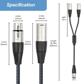 XLR Splitter Cable, Devianl XLR y Splitter 1 Female to 2 Male, Balanced Female XLR to Dual Male XLR Microphone Cord Adapter, 2 FT