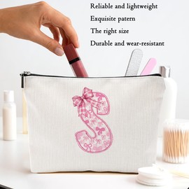 Pink Bow S, Alphabet Makeup Bag for Women, Washable Travel Organizer Toiletry Cosmetic Bag, Coquette Bow Letter Pattern Large Capacity Makeup Pouch with Zipper, Christmas Gifts for Women