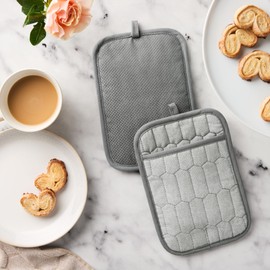 MARTHA STEWART Honeycomb Quilted Chambray Pot Holder 2-Pack Set, 100% Cotton, Flexible Non-Slip Silicone Grip, Heat Resistant, Grey, 7"X10"