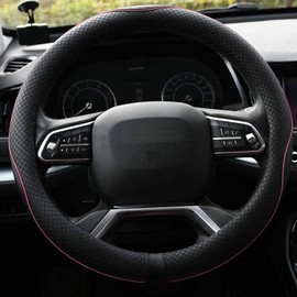 Rueesh - Funda universal antideslizante para volante de 38 cm, cubierta de piel de microfibra con acabado mate y diseño en relieve con línea rosa Funda antideslizante para rueda de coche para mujeres y hombres, duradera, transpirable, acolchado suave, sin