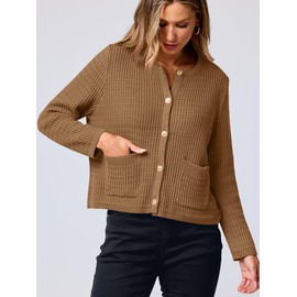 ANRABESS Women Cardigan Sweater Dressy Casual Classic Long Sleeve Crew Neck Button Down Tweed Knit Jacket 2025 Fall Outfits Brown L