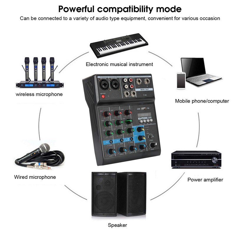 Professional 4 Channel Audio Mixer, Sound Board Console System, DJ