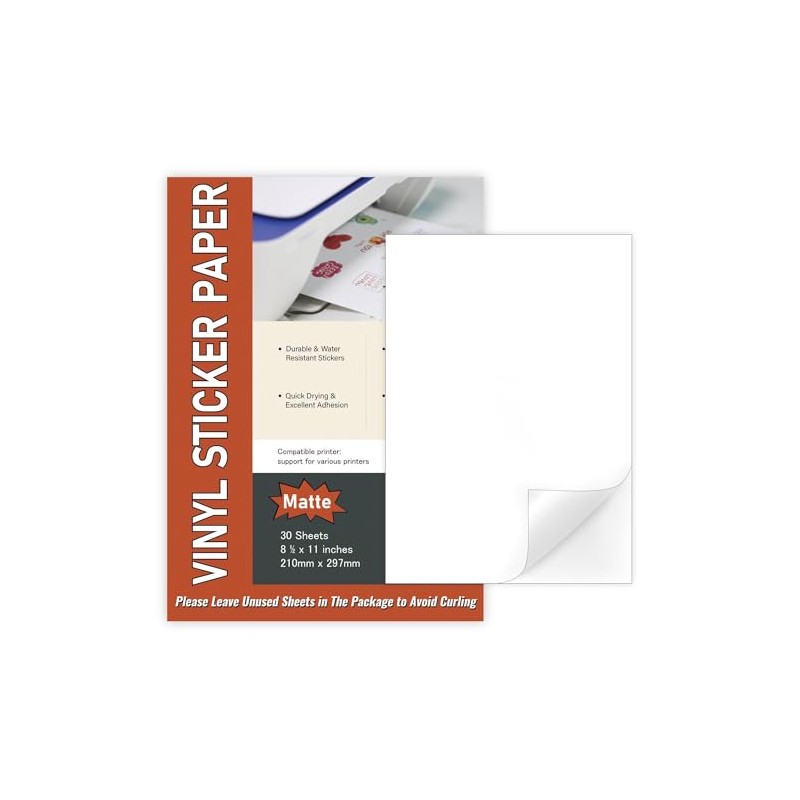 30 Sheets A4 Sticker Paper, Printable Not Waterproof Matte Vinyl