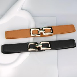 TTPSRY Women's Simple Versatile Belt Square Buckle Narrow Belt Elastic Stretch Thin Belt Belt with Denim Dress, Black and brown