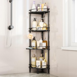 Consumest Corner Shower Caddy Stand - 4 Tier Shower Organizer with Soap Holder, Tall Floor Corner Shelf Standing with Adjustable Feet & 4 Hooks, Storage Rack for Bathroom Black