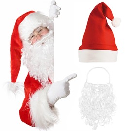 Doukesh Santa Beard and Christmas Hat, Santa Beard, Santa Hat, Red Santa Hat, Christmas White Fake Beard, Santa Costume Accessory for Fancy Dress Santa