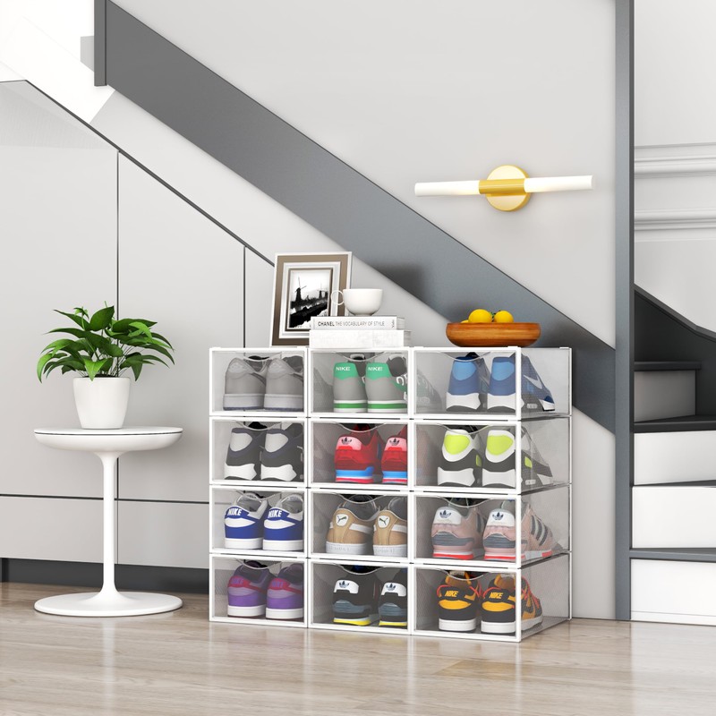 12 Pack Shoe Storage Bins, Clear Plastic Stackable Shoe Organizer