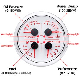ARTILAURA 4In1 AUTO Gauge Oil Pressure Water Temp 240-33ohm/0-190ohm Fuel Gauge Volt 85mm 3 3/8" Multifunctional Electric Meter for Car Marine Boat (White)