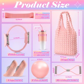 Poen 7 Pcs Pilates Ring Essentials Kit for Women, Home Workout Equipment Set with 11.81 Inch Pilates Circle 9.84 Inch Yoga Ball Resistance Bands Cup Bag Socks for Beginners(Pink)