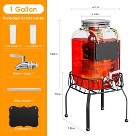 OneDream Glass Drink Dispenser for Parties, 1Gallon Beverage Dispenserd with Stand, Lemonade Dispenser with Stainless Steel Spigot and Fruit Infuser, Come with Ice Cylinder, Used as Sun Tea, Juice