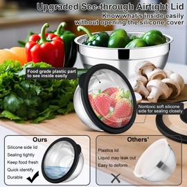 E-far Mixing Bowls Set of 5, Stainless Steel Salad Mixing Bowl with Transparent Lid, Metal Nesting Bowl Attach with 3 Graters for Kitchen Prepping/Serving/Baking/Storage, 4.6/2.6/1.5/1/0.7 QT - Black