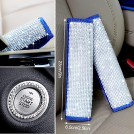 9 Pcs Bling Car Accessories Set Crystal Diamond Car Steering Wheel Cover Faux Fur Auto Center Console Pad Seat Belt Shoulder Pads Handbrake Cover with Rhinestone Ring Sticker, Royal Blue