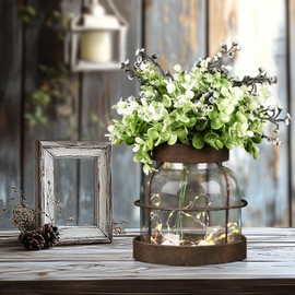 Farmhouse Rustic Glass Vases Home Decor Vintage Flower Lantern with Plants and Lights Centerpiece for Dining Table Primitive Floral Arrangement Gift for Kitchen Laundry Room Bathroom Dresser