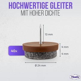Filzada® 40 x Felt Glides Nail – Diameter 24 mm (Brown) – Professional Furniture Glides / Chair Glides Felt for Nailing