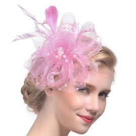 DRESHOW Headbands Mesh Feathers and Fork Clip Cocktail Party Tee Hats for Women - pink