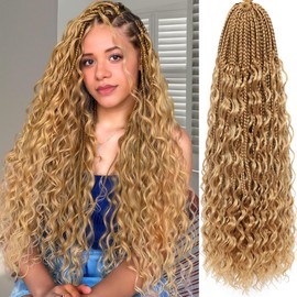 Miuric Boho Box Braids Crochet Hair for Black Women 24 Inch 7 Packs Goddess Box Braids Crochet Hair Pre-Looped with Curly Ends Honey Blonde Bohemian Synthetic Briading Hair Extensions,27