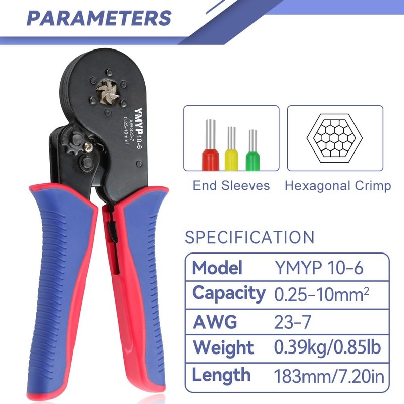 YMYP Ferrule Crimping Tool AWG 23-7 (0.25mm²-10mm²) with 1900PCS Ferrules