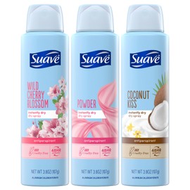 Suave Suave Deodorant for Women, Dry Spray Antiperspirant Variety Pack C Powder, Coconut Kiss & Cherry Blossom, Dries Instantly, 48H Protection, 3.8 Oz Ea (3 Piece Set)