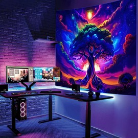 Apdidl Blacklight Posters Tree of Life Tapestry for Bedroom Aesthetic, Black Light UV Reactive Starry Sky Space Tapestries, Colorful Nature Landscape Wall Hanging for Living Room Decor (51"X60")