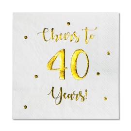 Servilletas de cóctel Cheers to 40 Years | Decoraciones de feliz cumpleaños 40 para hombres y mujeres y decoraciones de fiesta de aniversario de boda, paquete de 50 servilletas de 3 capas, plegadas de 5 x 5 pulgadas (blanco)