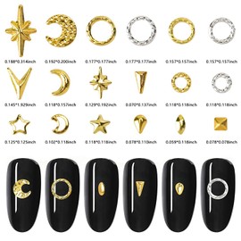 XEAOHESY 3 Boxes Gold Nail Charms for Nails Ring Irregular Shape Star Moon Metal Nail Rivets Silver Nail Studs 3D Nail Art Jewelry Decoration for Acrylic Nails With Rhinestone Pickup Pen and Tweezers