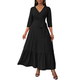 FANDEE Women Casual Summer Dresses 2024 Spring V Neck Ruffle 3/4 Sleeve Solid Boho Flowy Maxi Dress Black,XX-Large
