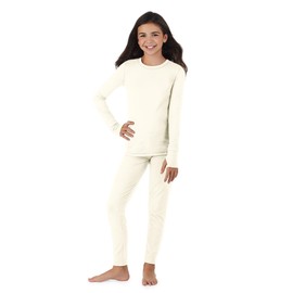 Cuddl Duds Girls Cold Weather Fleece-Lined Thermal Underwear 2-Piece Set - Kids Long Sleeve Top and Leggings Long Johns - Off White - Large
