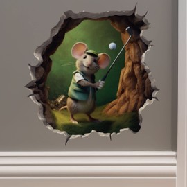 Golfing Mouse in Mouse Hole Decal - Mouse Hole 3D Wall Sticker