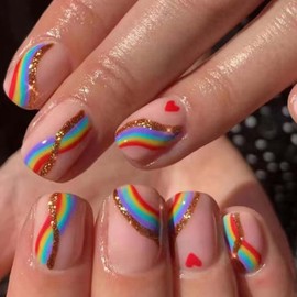 Kamize Square Press on Nails Nude Fake Nails Short Acrylic Full Cover Almond False Rainbow Nails for Women and Girls 24PCS