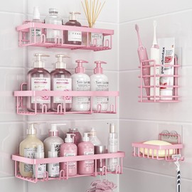 Organizador de Baño Set de 5 Piezas, Repisas de Acero Inoxidable 304 con Porta Jabón, Canastilla y Ganchos Adhesivos, Estantes para Ducha y Regadera