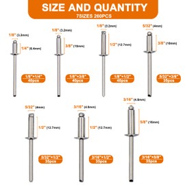 ISPINNER 260pcs Stainless Steel Blind Rivets, 7 Sizes Pop Rivets Assortment Kit