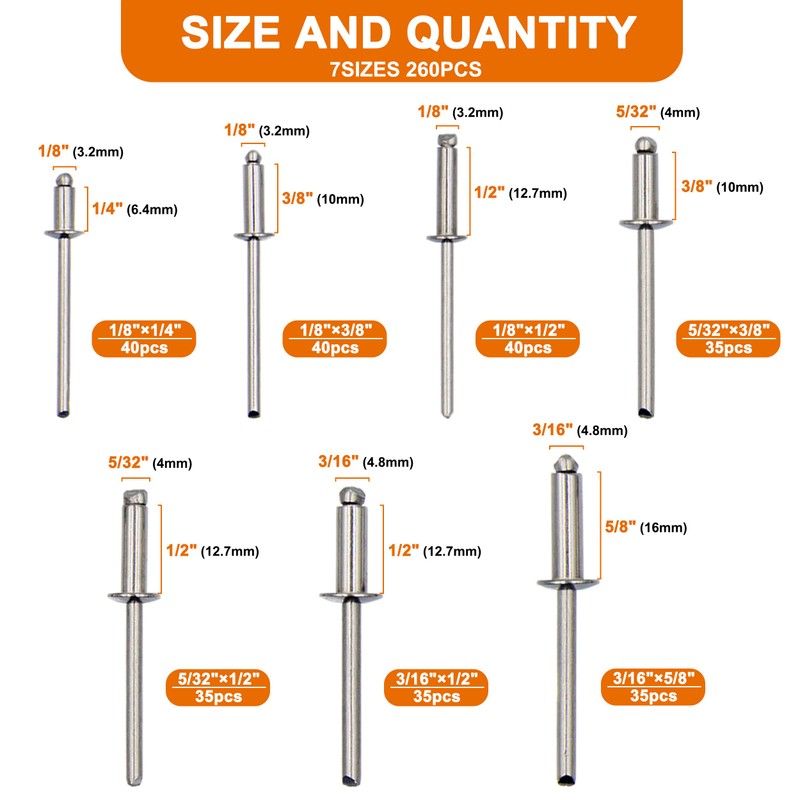 ISPINNER 260pcs Stainless Steel Blind Rivets, 7 Sizes Pop Rivets