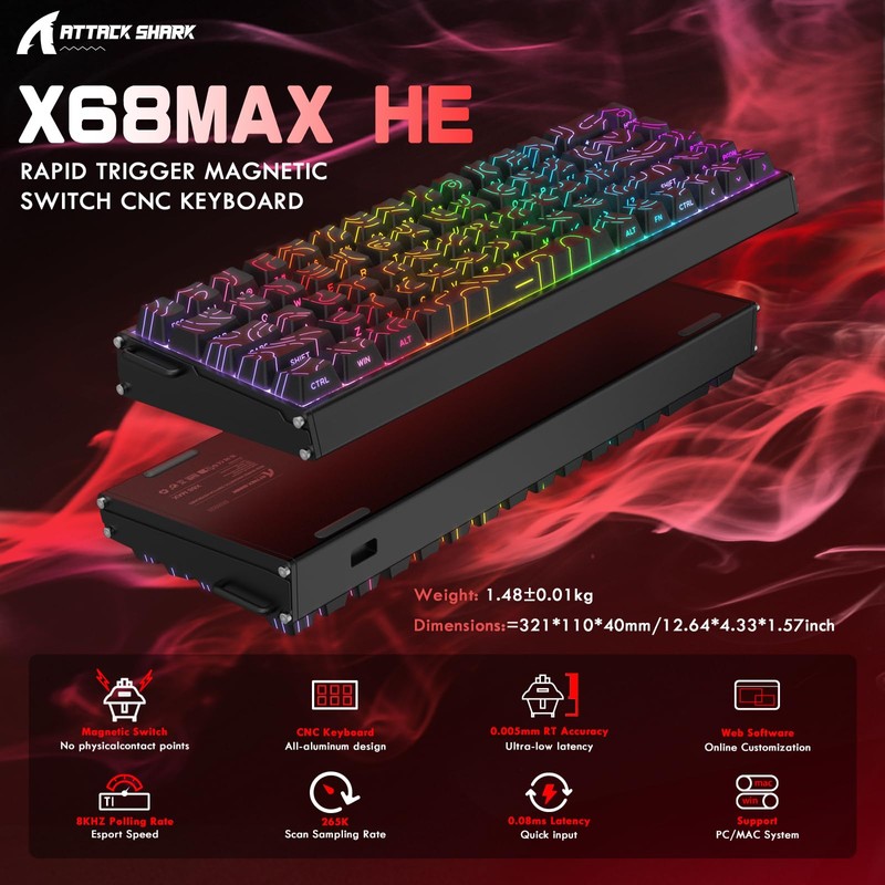 ATTACK SHARK X68MAX HE 60% Wired Magnetic Switch Keyboard,Full Aluminum
