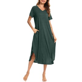 Nieery Women Nightdress Long Style Short Sleeve Nightgown, V Neck Cotton Nighties Nightshirts Sleepwear Night Summer Dress (Green, X-Large)