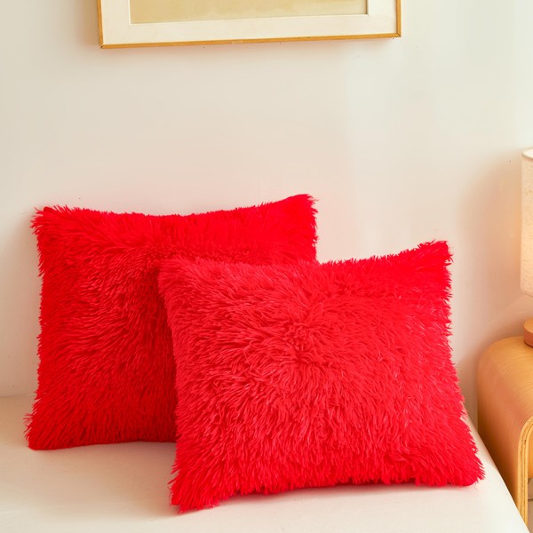 ERLOXO Faux Fur Red Throw Pillow Cases Ultra Soft Fuzzy