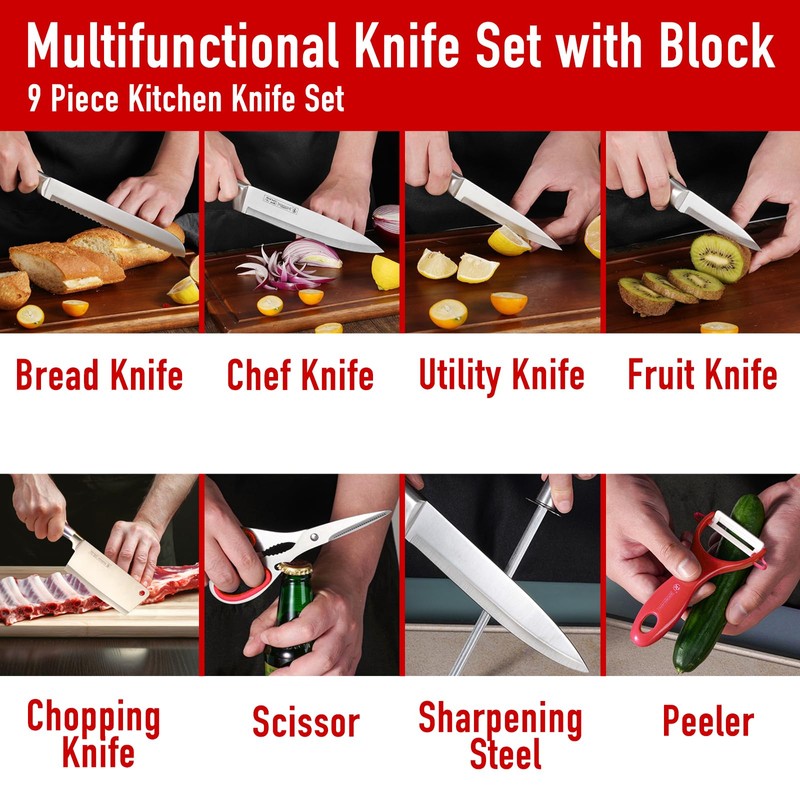 KOSHA Kitchen Knife Set, 9 Piece Knife Set with Block,